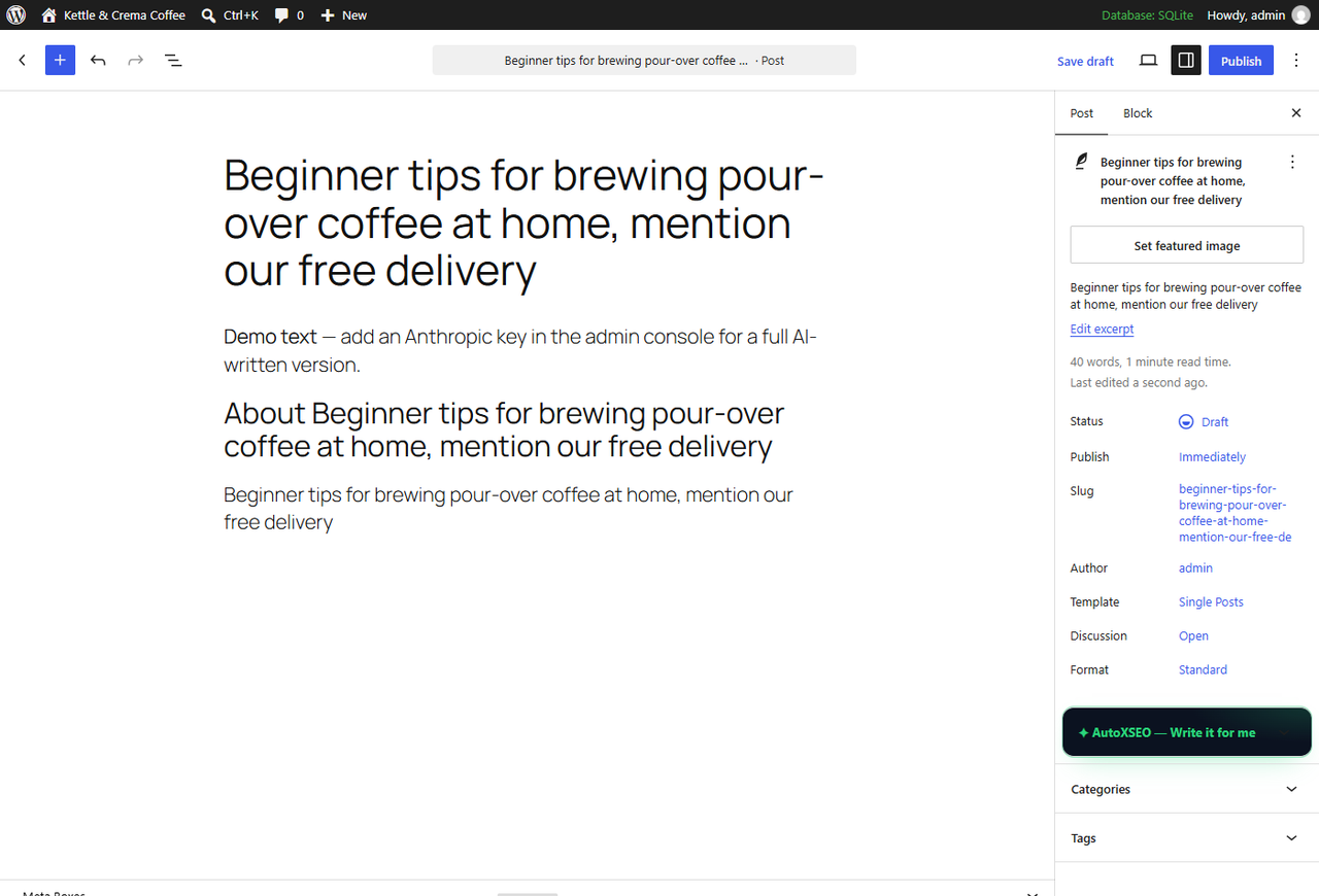 "Write it for me" in the block editor: add the basics, one click fills in everything.