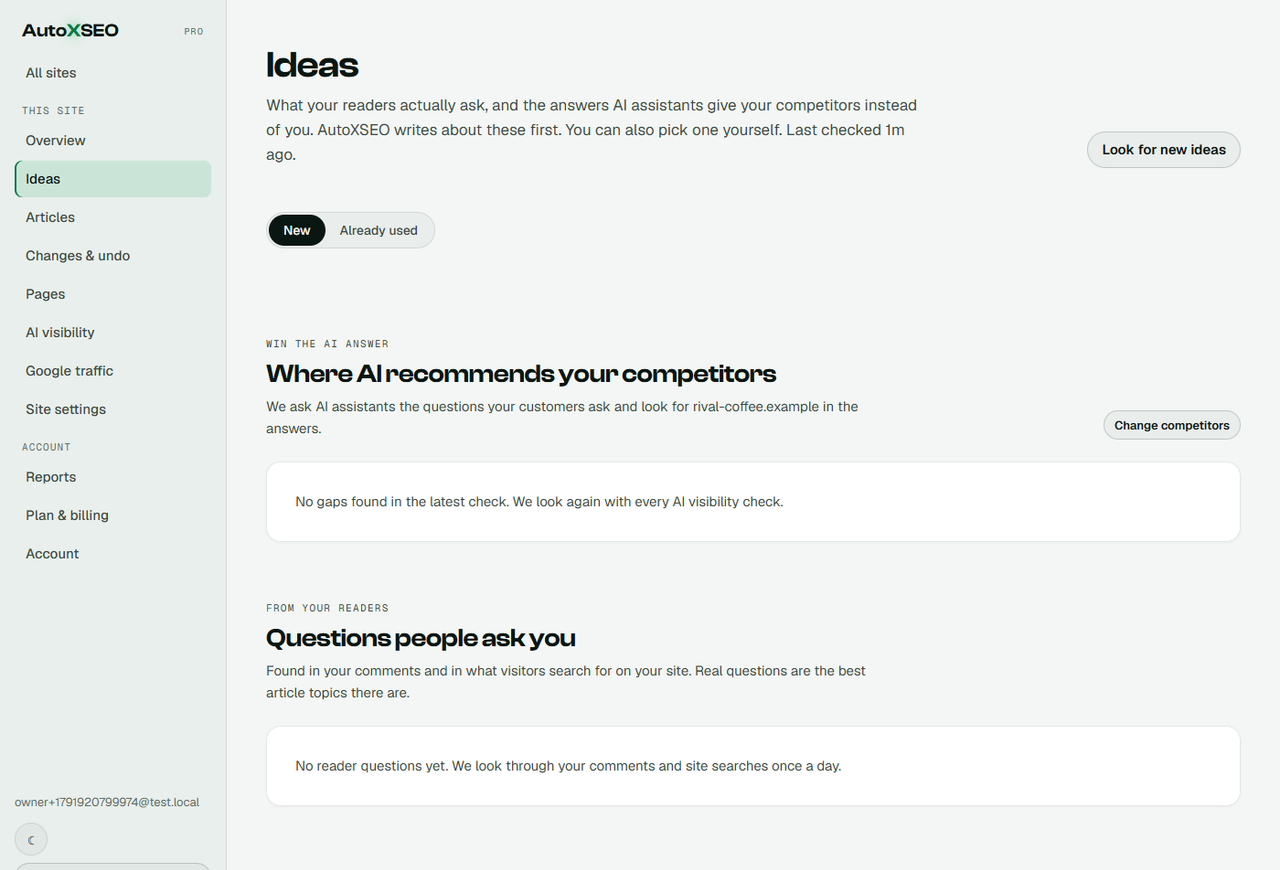 Ideas: real questions from your readers and the answers AI gives your competitors.