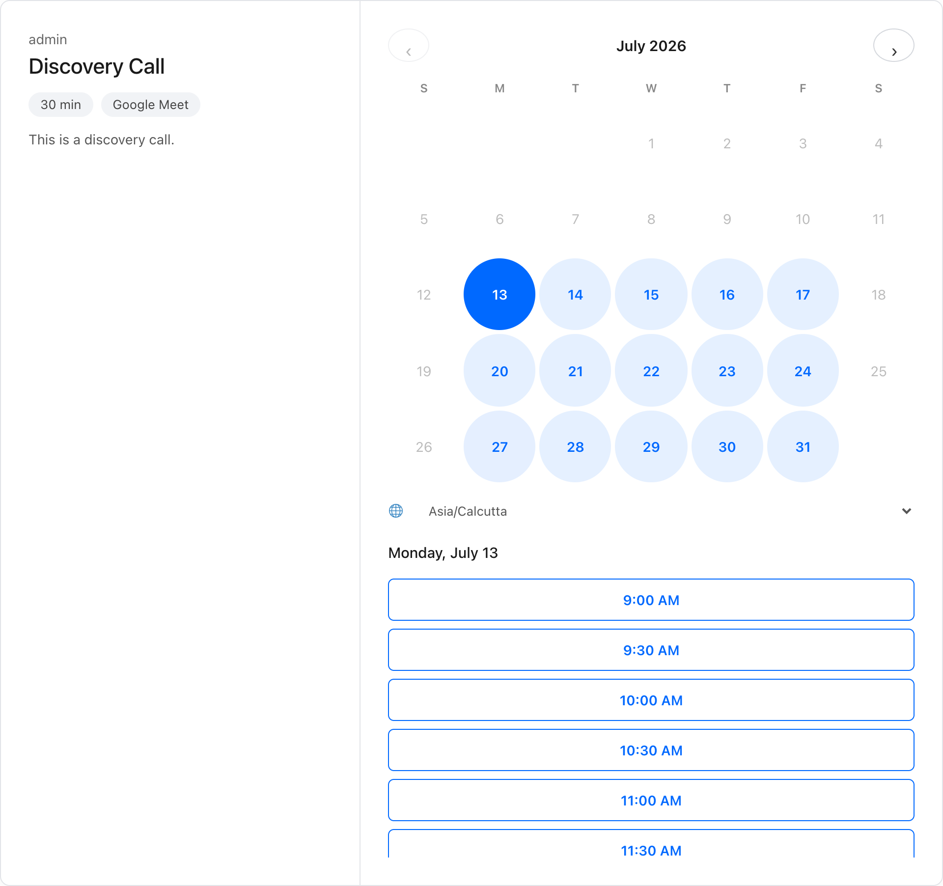 Booking widget — invitees pick a day and time in their own time zone