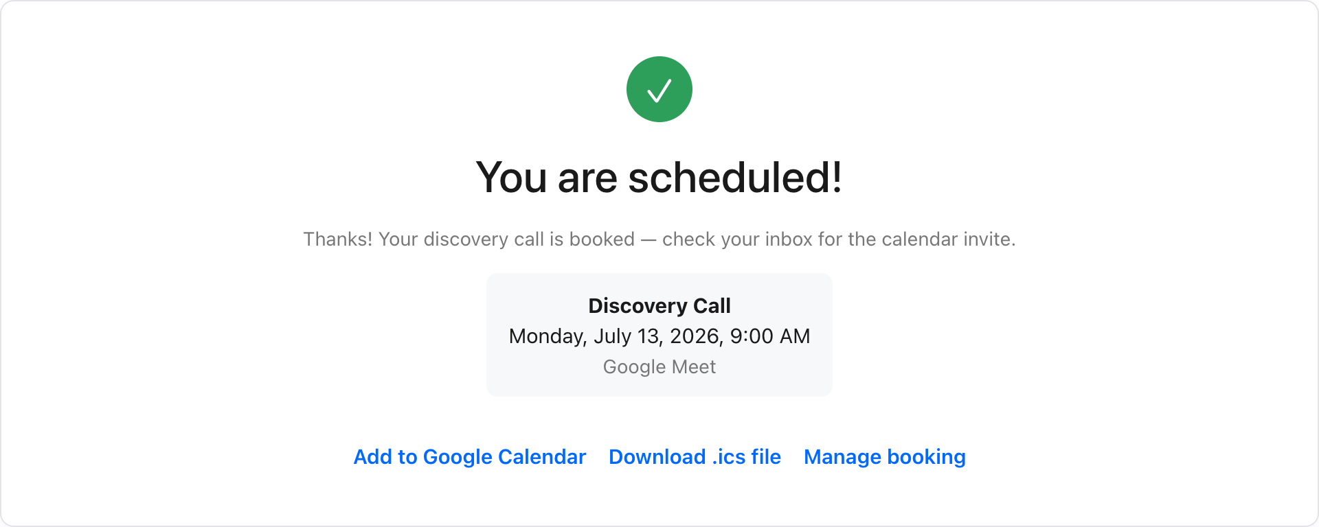 Thank-you screen — per event, show a custom message or redirect to any page