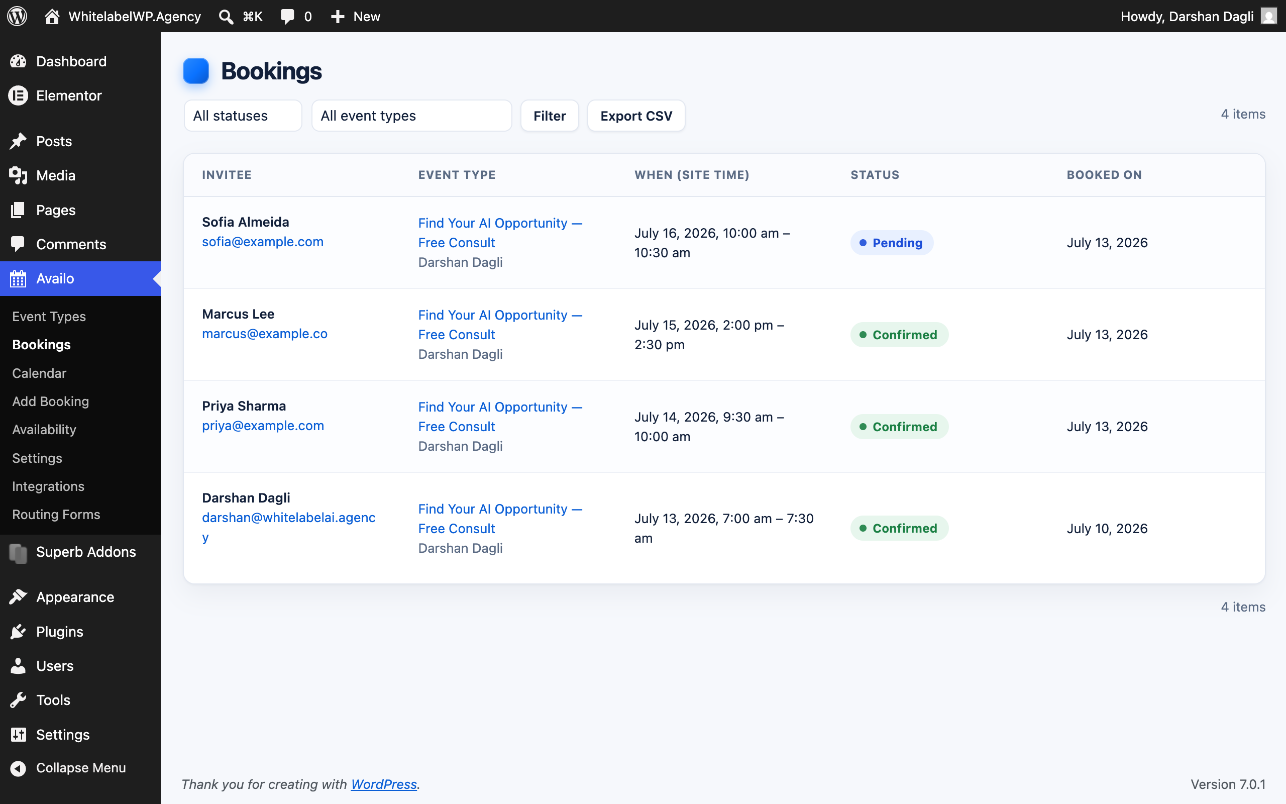 Bookings dashboard with status and event filters