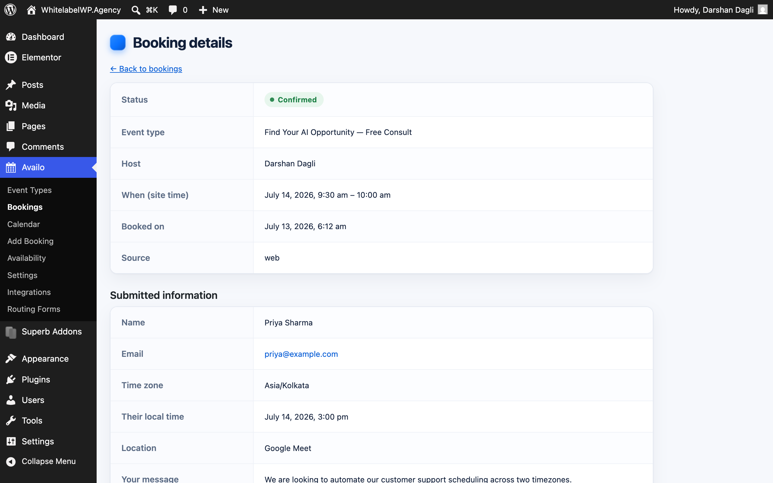 Booking detail — everything the invitee submitted, in one place