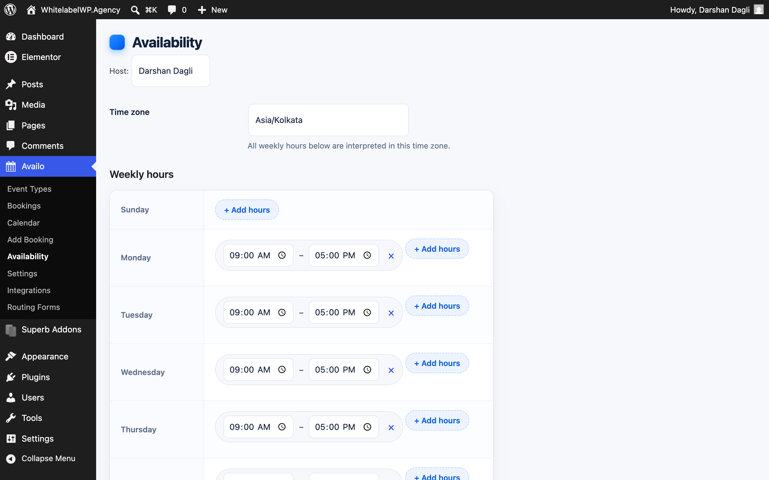 Availability editor — weekly hours and date overrides per host