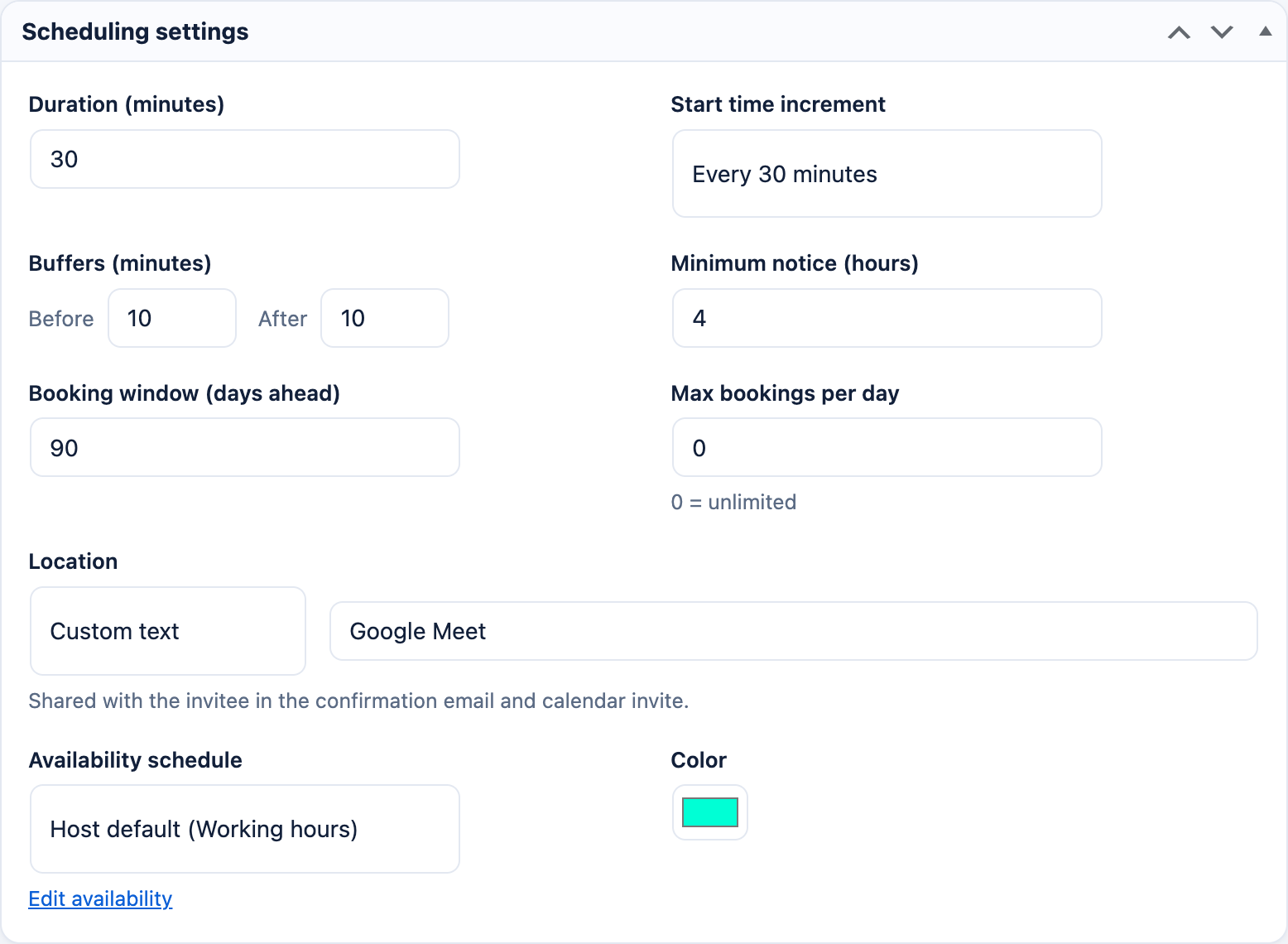 Event type scheduling settings — duration, buffers, notice, booking window