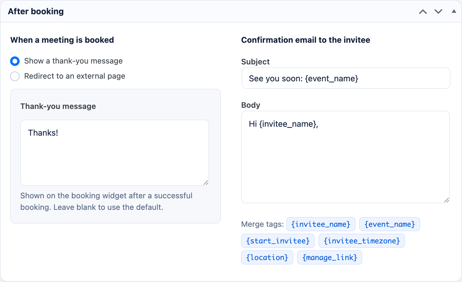 After-booking options — thank-you message, redirect, and confirmation email editor