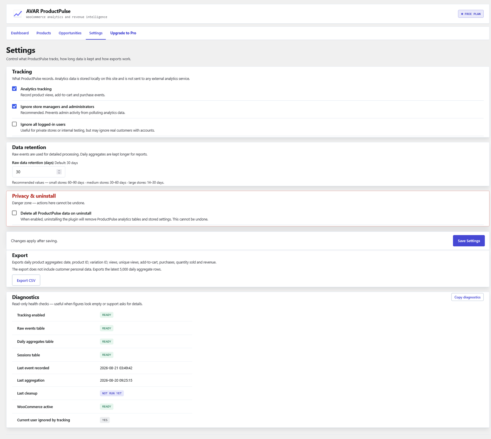 Settings & diagnostics — control tracking, retention, privacy and uninstall behaviour, export analytics data and check the health of your ProductPulse installation.
