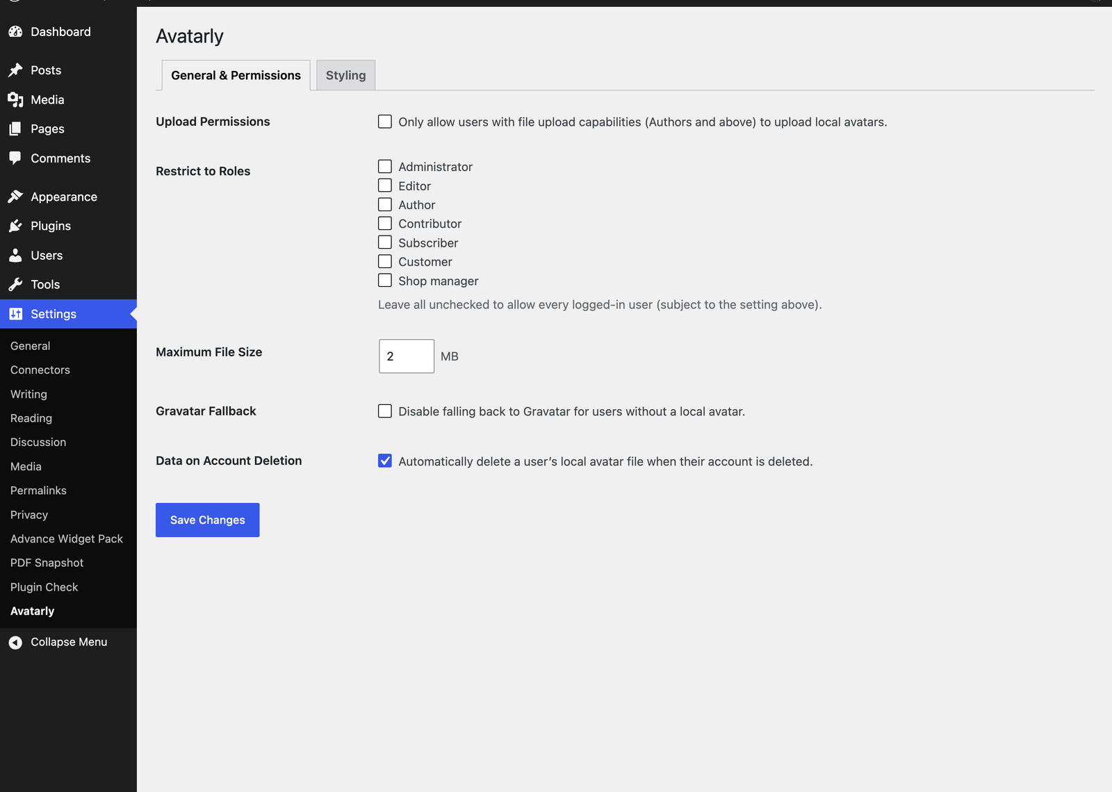 Settings screen — General & Permissions tab.