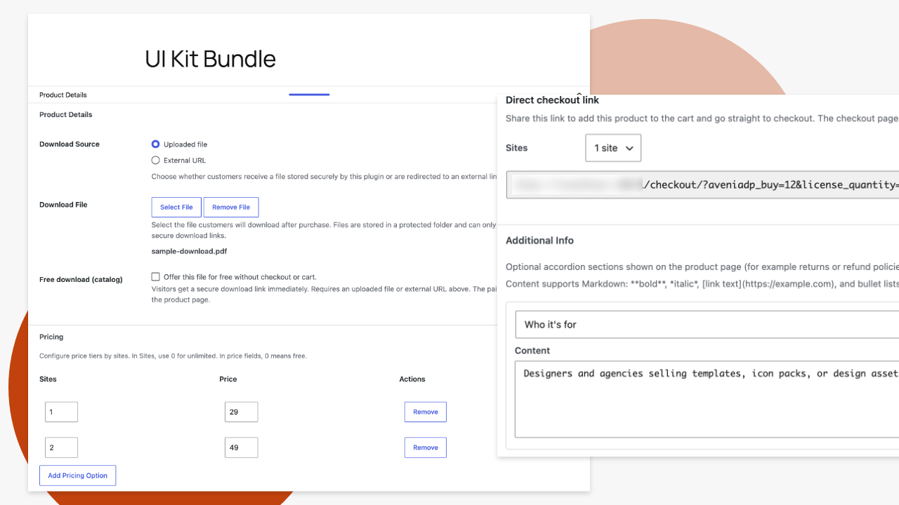 Product editor with pricing matrix and download file settings