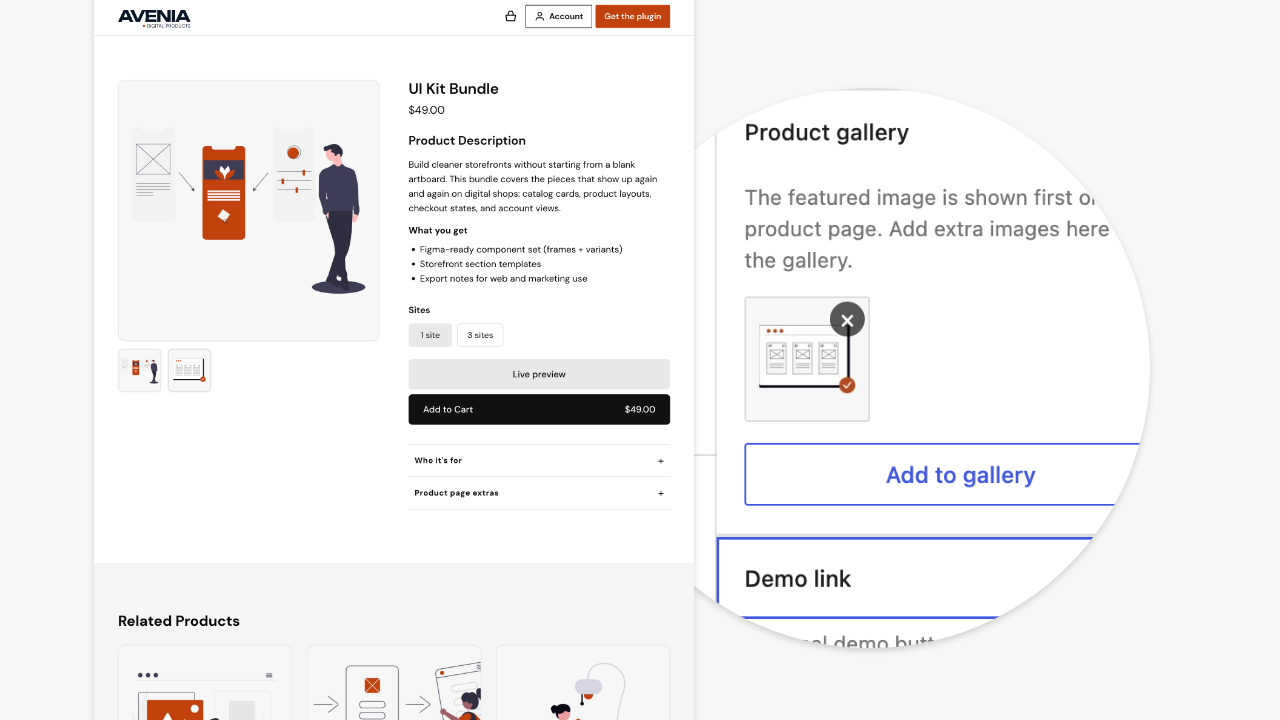 Storefront product page with gallery, pricing tiers, and add to cart