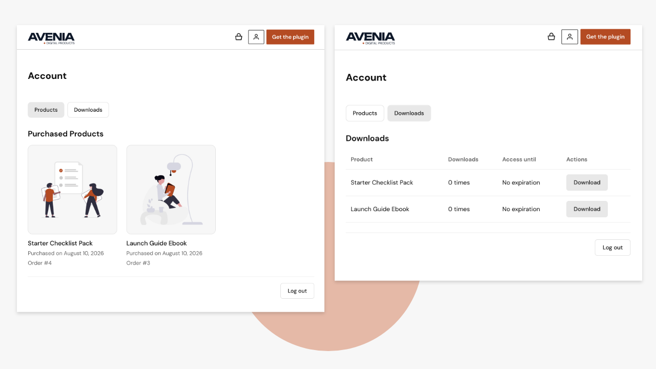 Customer My Account with purchase history and protected downloads