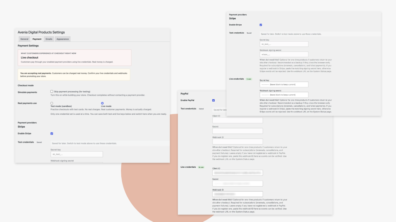 Settings — payment modes (simulate, sandbox, live) and Stripe/PayPal credentials