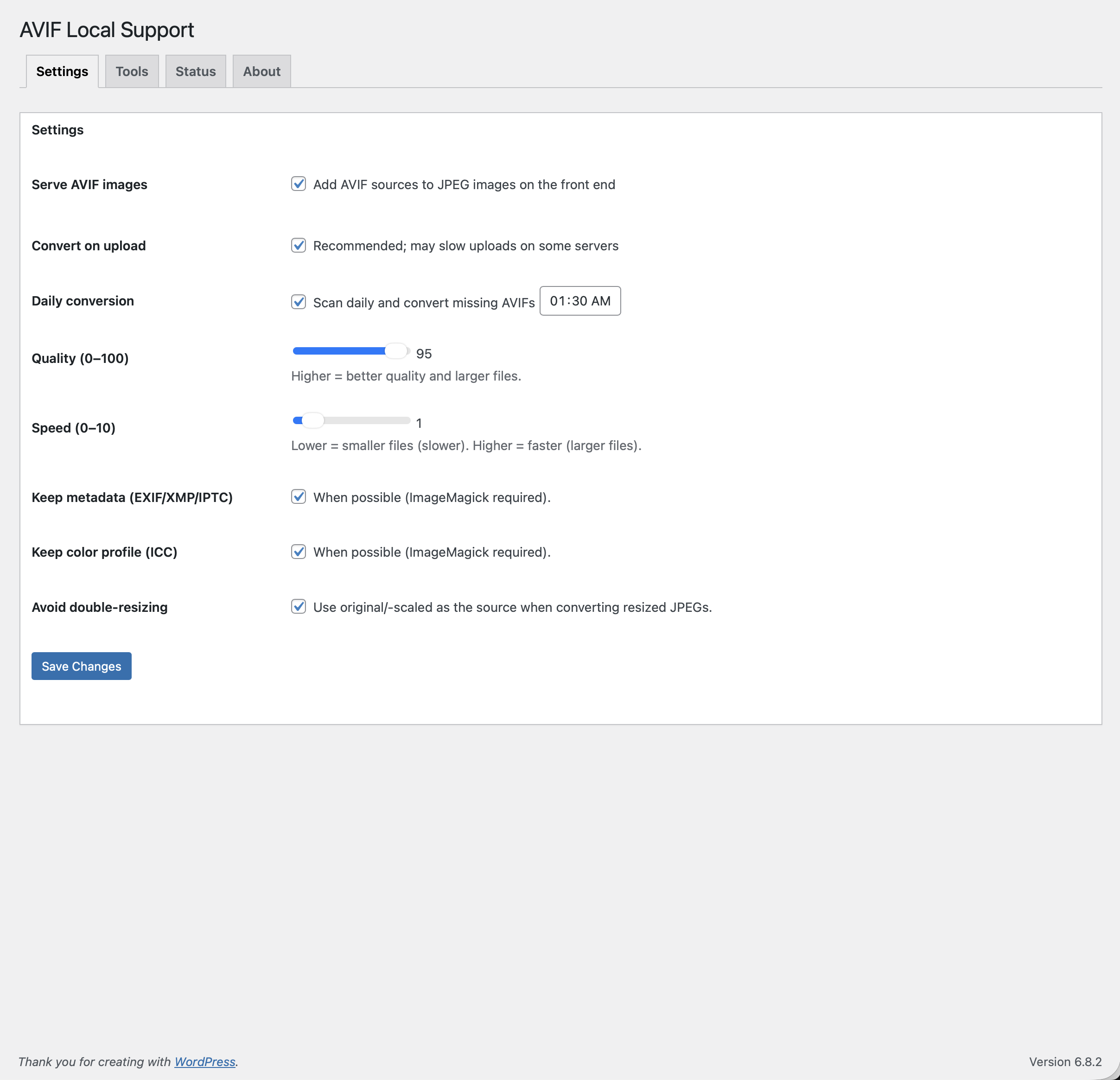 Settings — configure AVIF conversion and output.