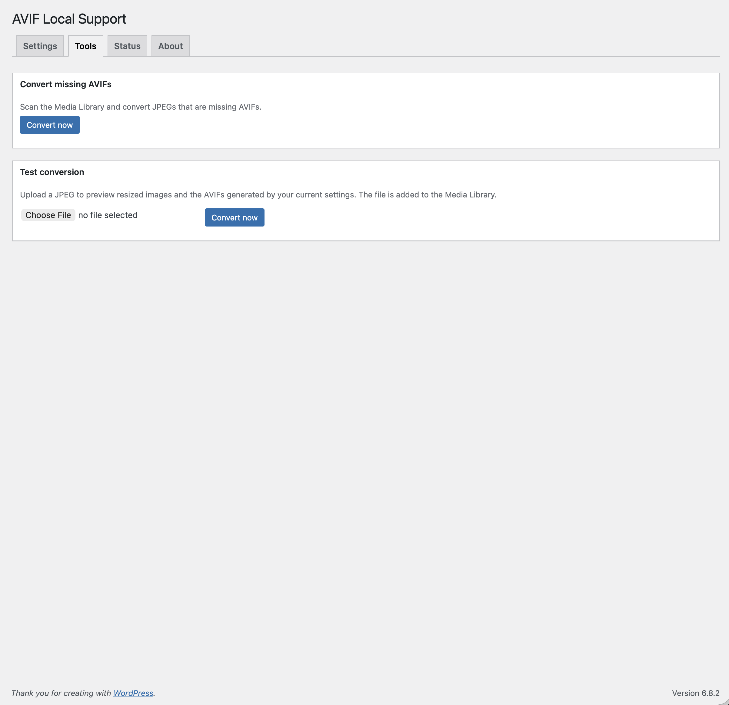 Tools — convert missing AVIFs, test a conversion, and delete AVIFs.