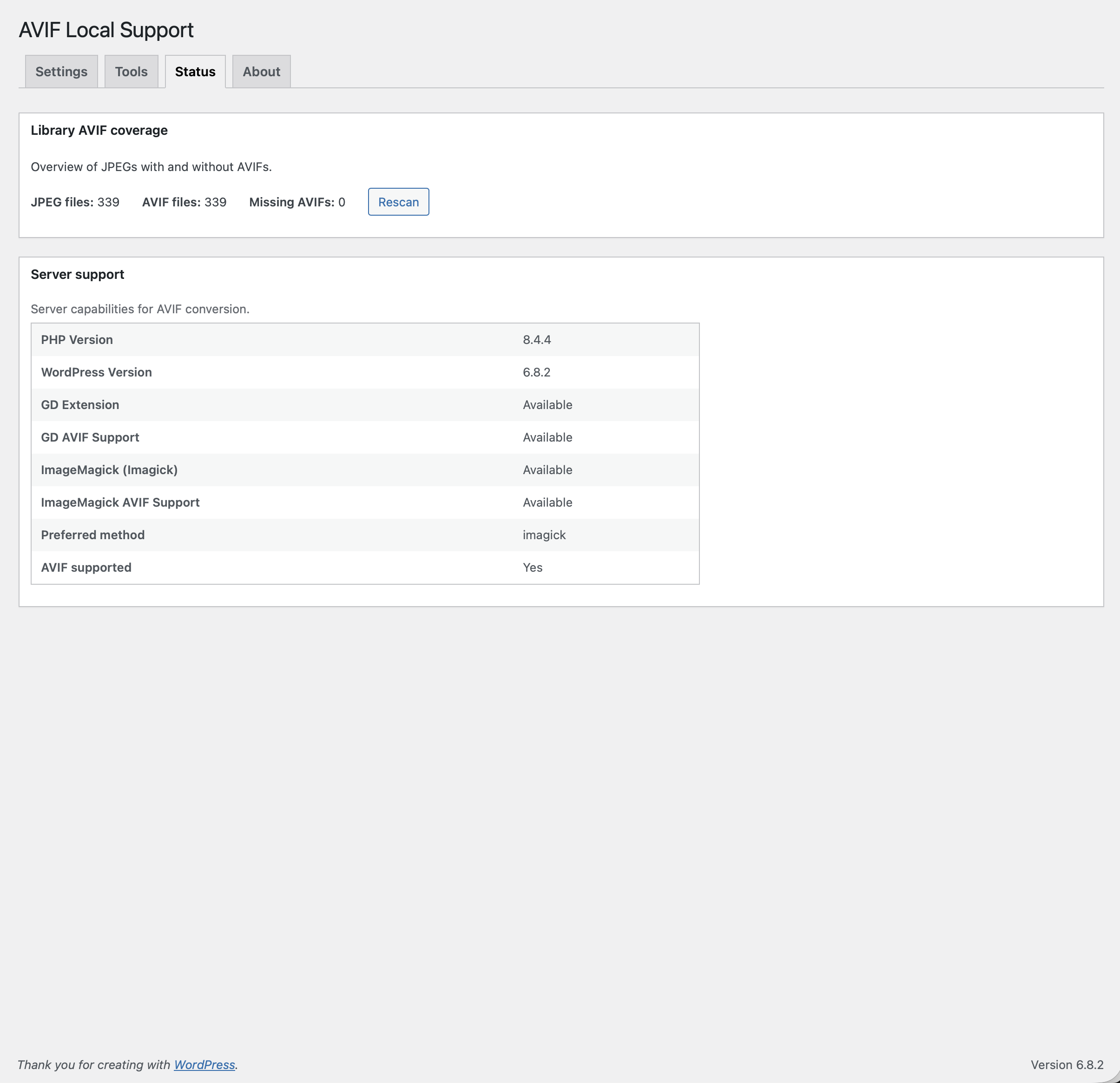 Status — server capability check and library coverage.
