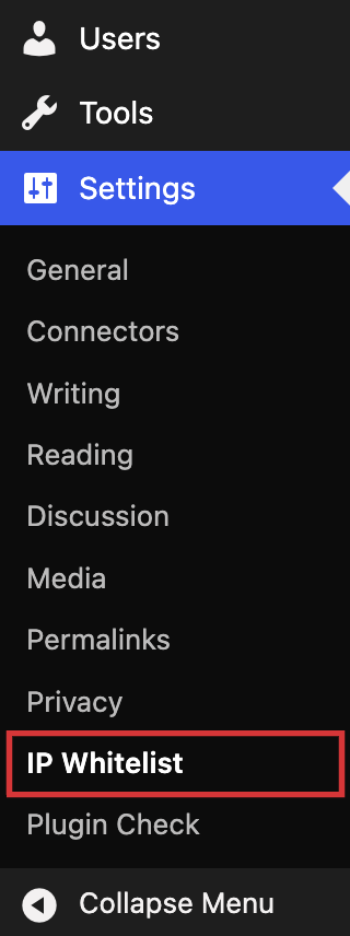 The IP Whitelist entry under the Settings menu.