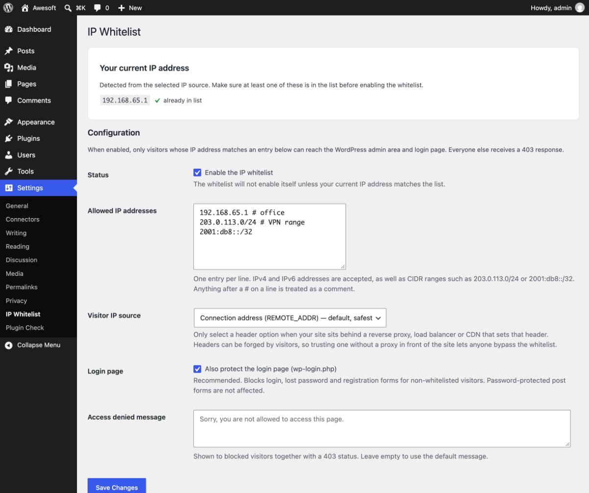 The settings page with the detected IP address, allowed addresses and proxy header options.
