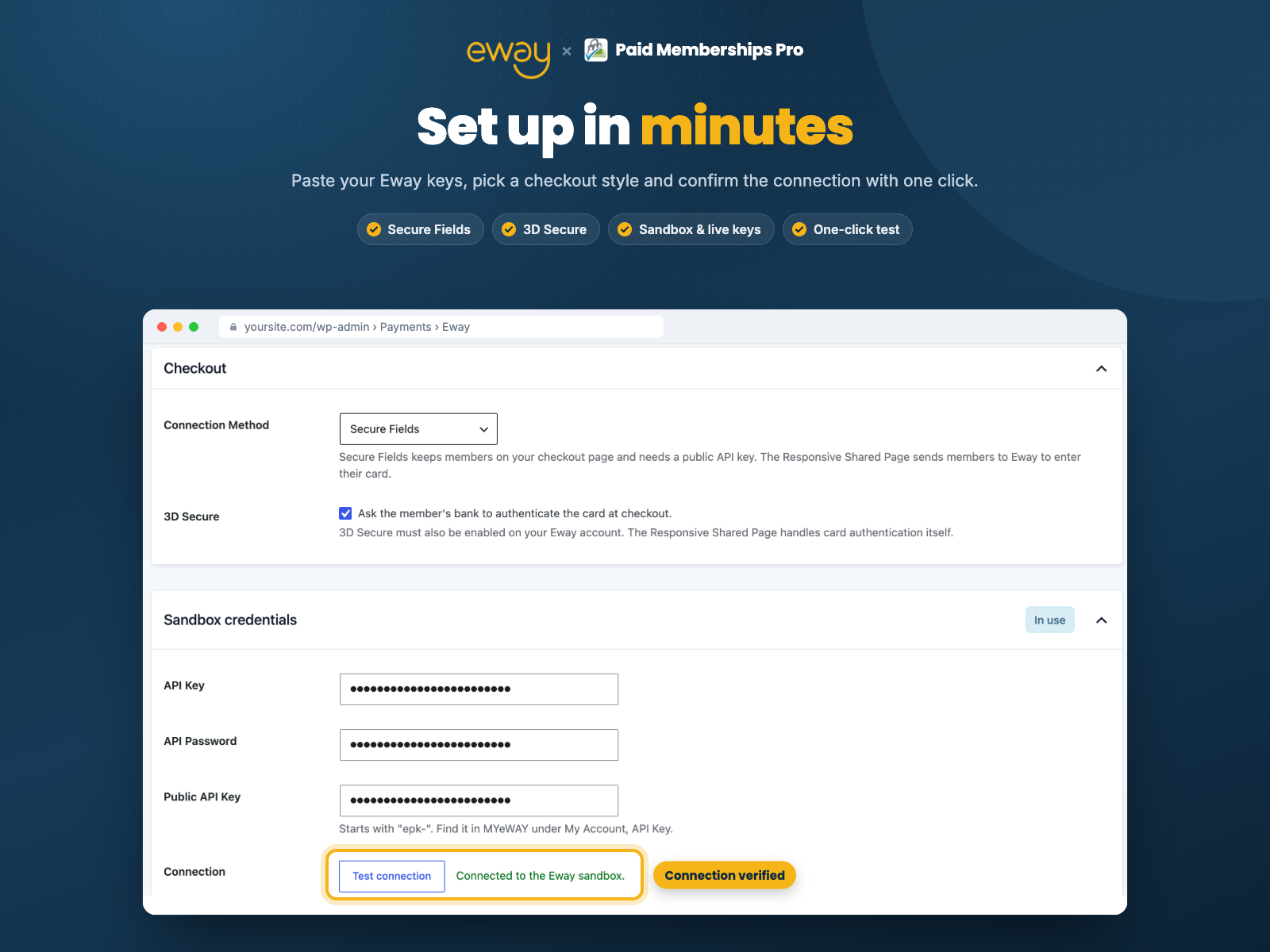 Eway gateway settings: Secure Fields, 3D Secure, API credentials and a one-click connection test.