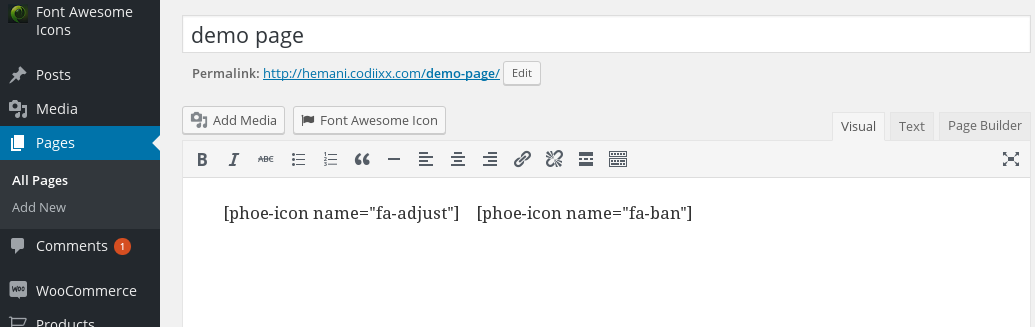 Admin view: You can add icons from grid in visual mode.