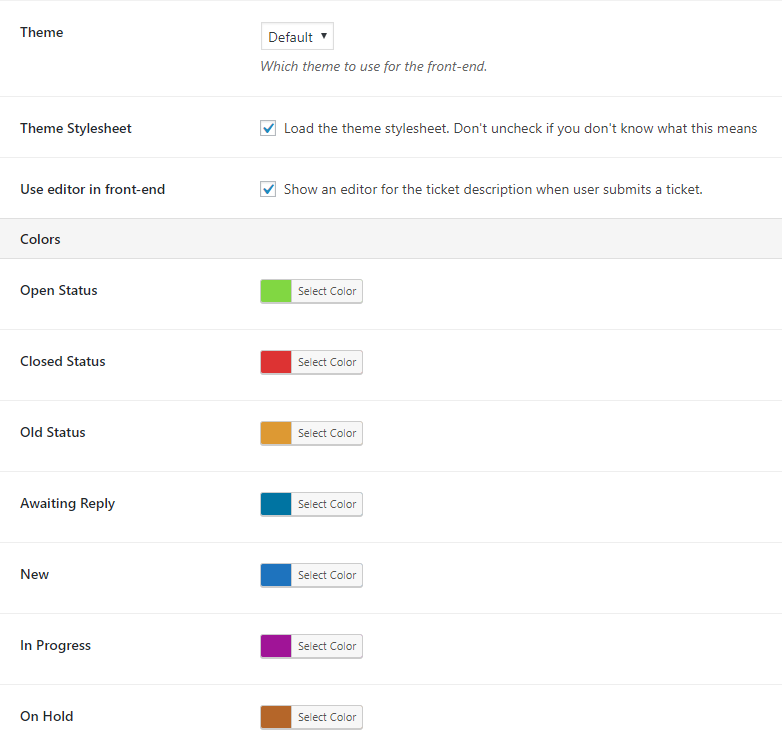 Settings: Color codes for status and labels