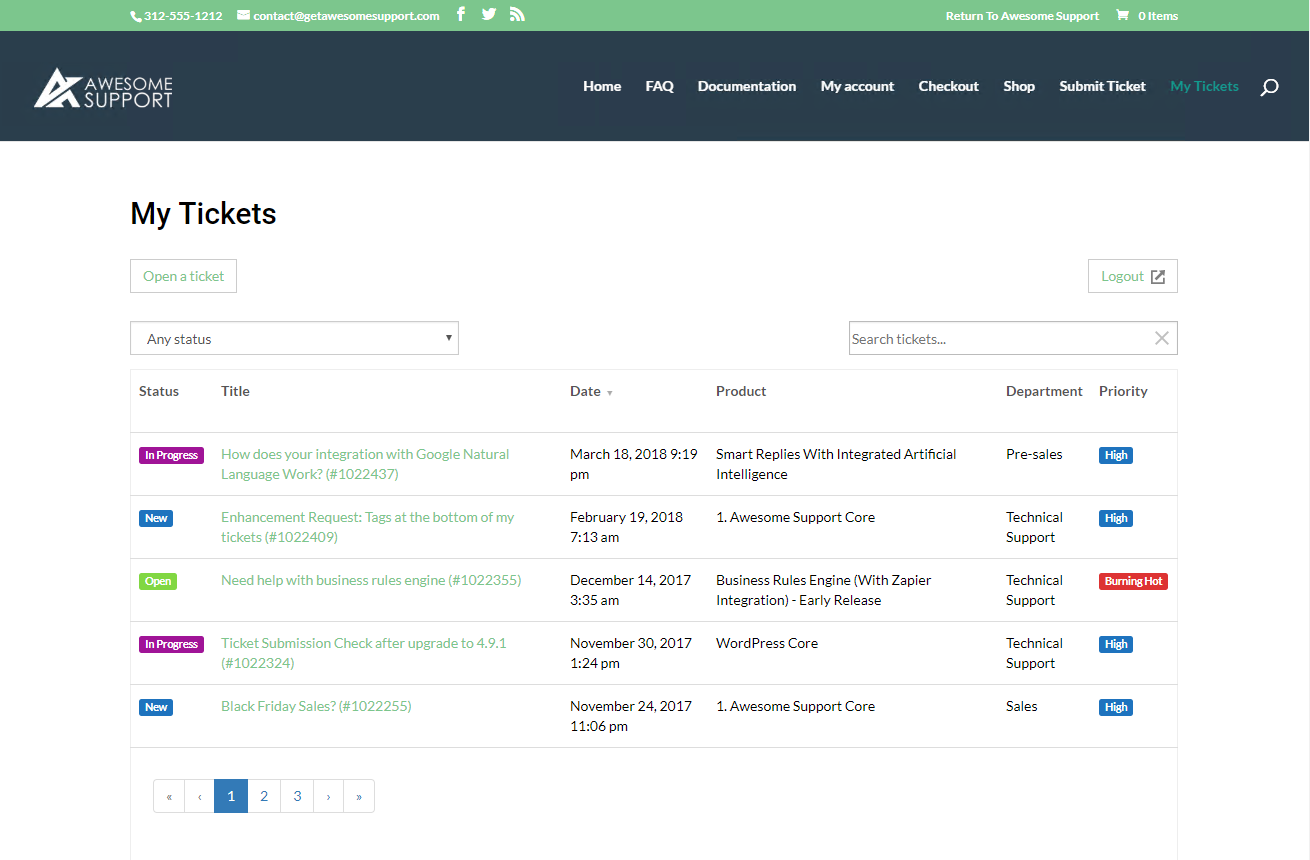 Client view of the tickets list