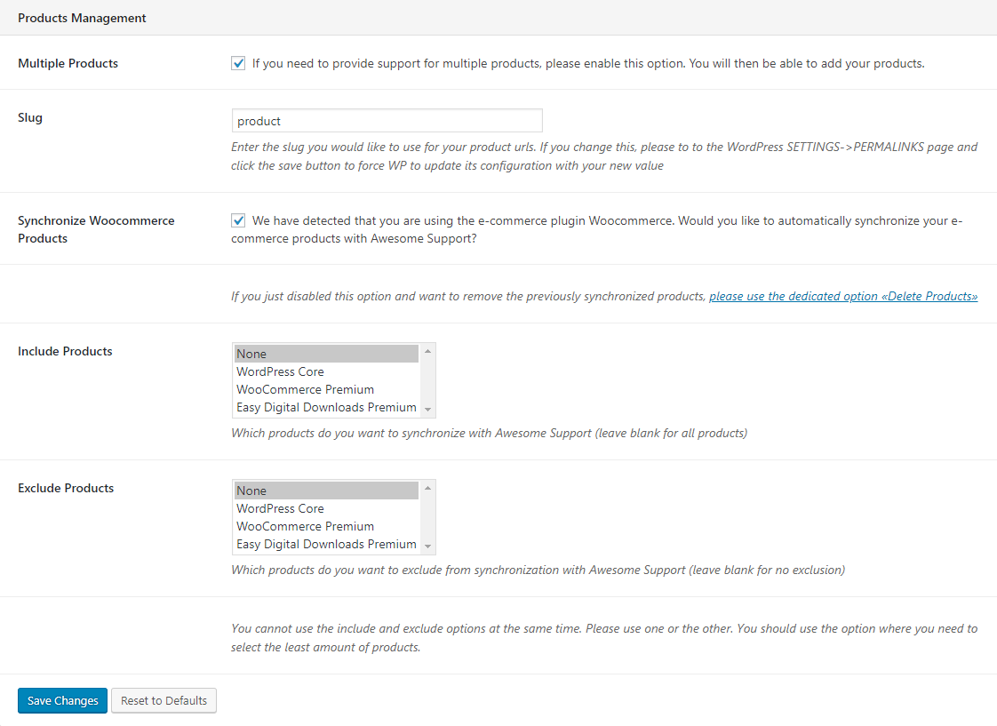 Settings: Product management and syncing including automatic syncing of WooCommerce and Easy Digital Downloads Products