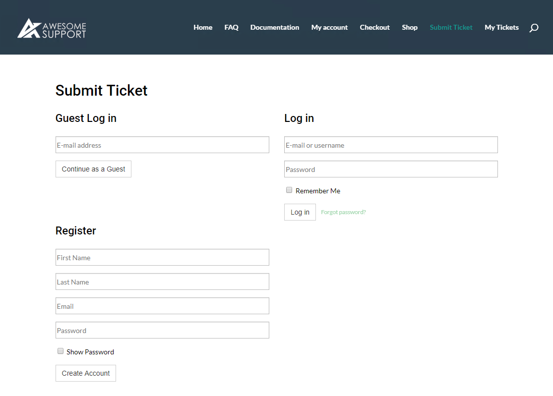 Login/Registration screen with guest tickets add-on enabled