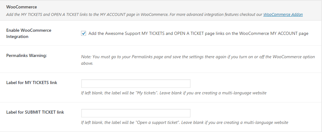 Free Woocommerce Integration: Adds the SUBMIT TICKET and MY TICKET page links to the WooCommerce user dashboard