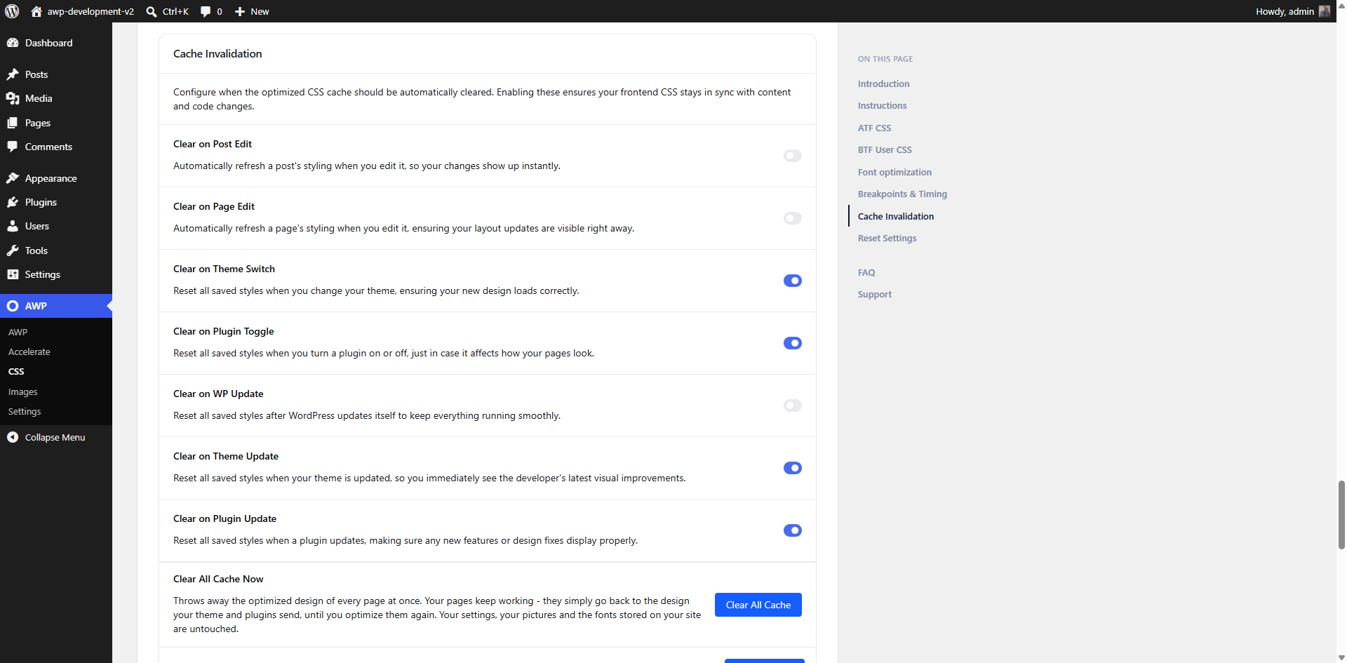 Cache controls - choose which site changes refresh the optimized styling.