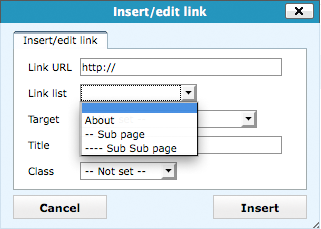 Screenshot of new link popup window in TinyMCE with "Link List" drop down option
