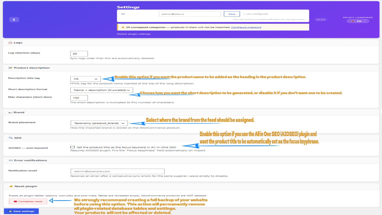 Settings — descriptions & SEO — Configure the product description format, short description length, and whether the plugin auto-sets focus keywords for Yoast SEO, RankMath or AIOSEO.