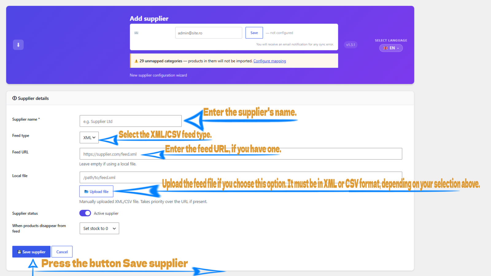 Add supplier / General settings — Configure the supplier name, feed type (XML or CSV), feed URL or local file upload, supplier status toggle, and what happens to products that disappear from the feed.