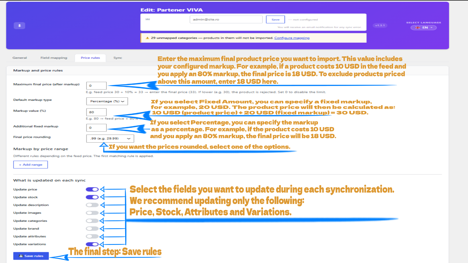 Price rules — Set a fixed markup (e.g. +10.00 EUR), a percentage adjustment (e.g. +15%), and a maximum feed price cap per supplier. Rules are applied automatically on every sync.