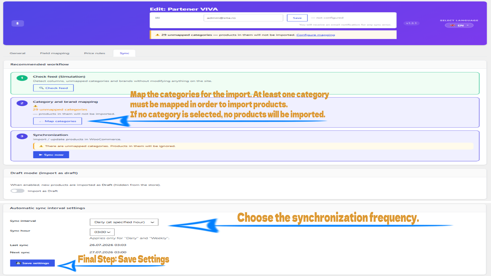 Sync settings — Choose a daily or weekly sync schedule per supplier, configure draft mode for testing, and run a manual sync or simulation directly from this tab.