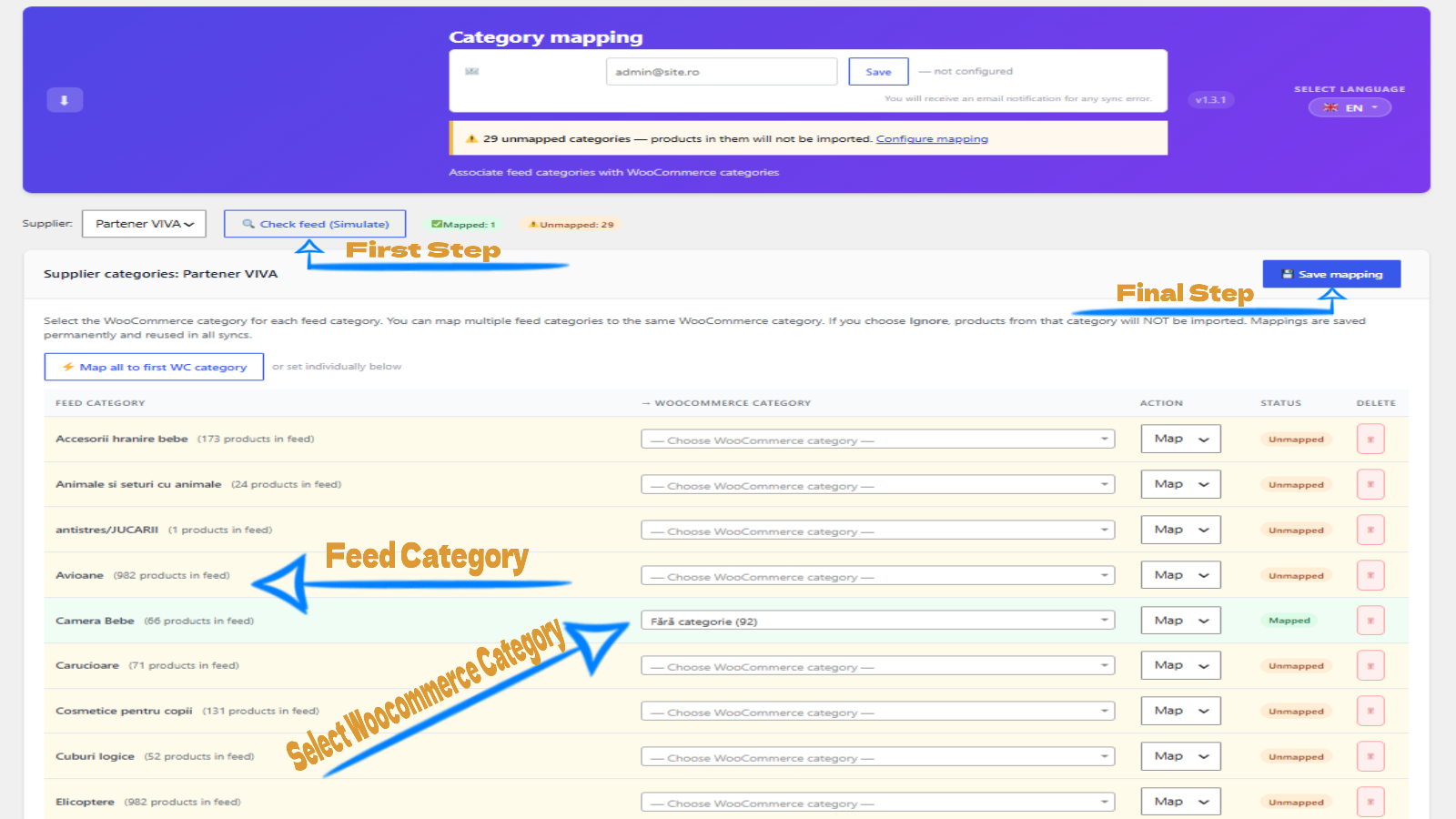 Category mapping — Map every category that appears in the supplier feed to a WooCommerce category. Mark categories as Ignored to skip their products. Changes are saved permanently and reused in all future syncs.