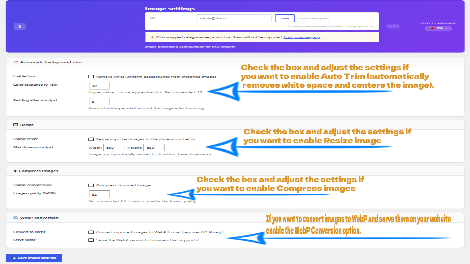 Image settings — Configure automatic background trim, maximum resize dimensions, compression quality and WebP conversion for all images downloaded during a product import.