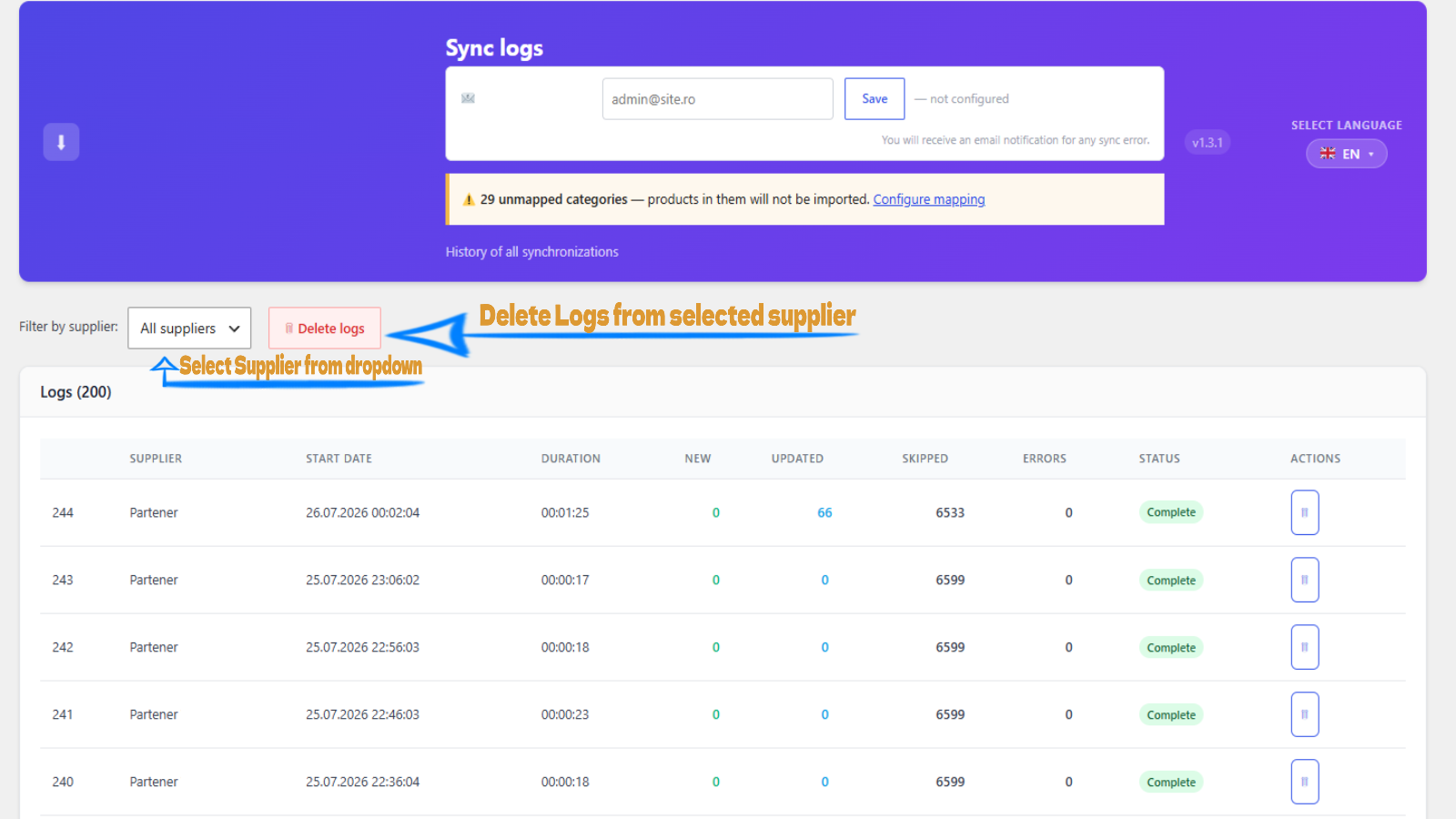 Sync logs — Complete history of every sync run, showing new products, updated products, skipped entries, errors, duration and final status (Complete / Stopped / Error). Filter by supplier and drill into per-product error details.