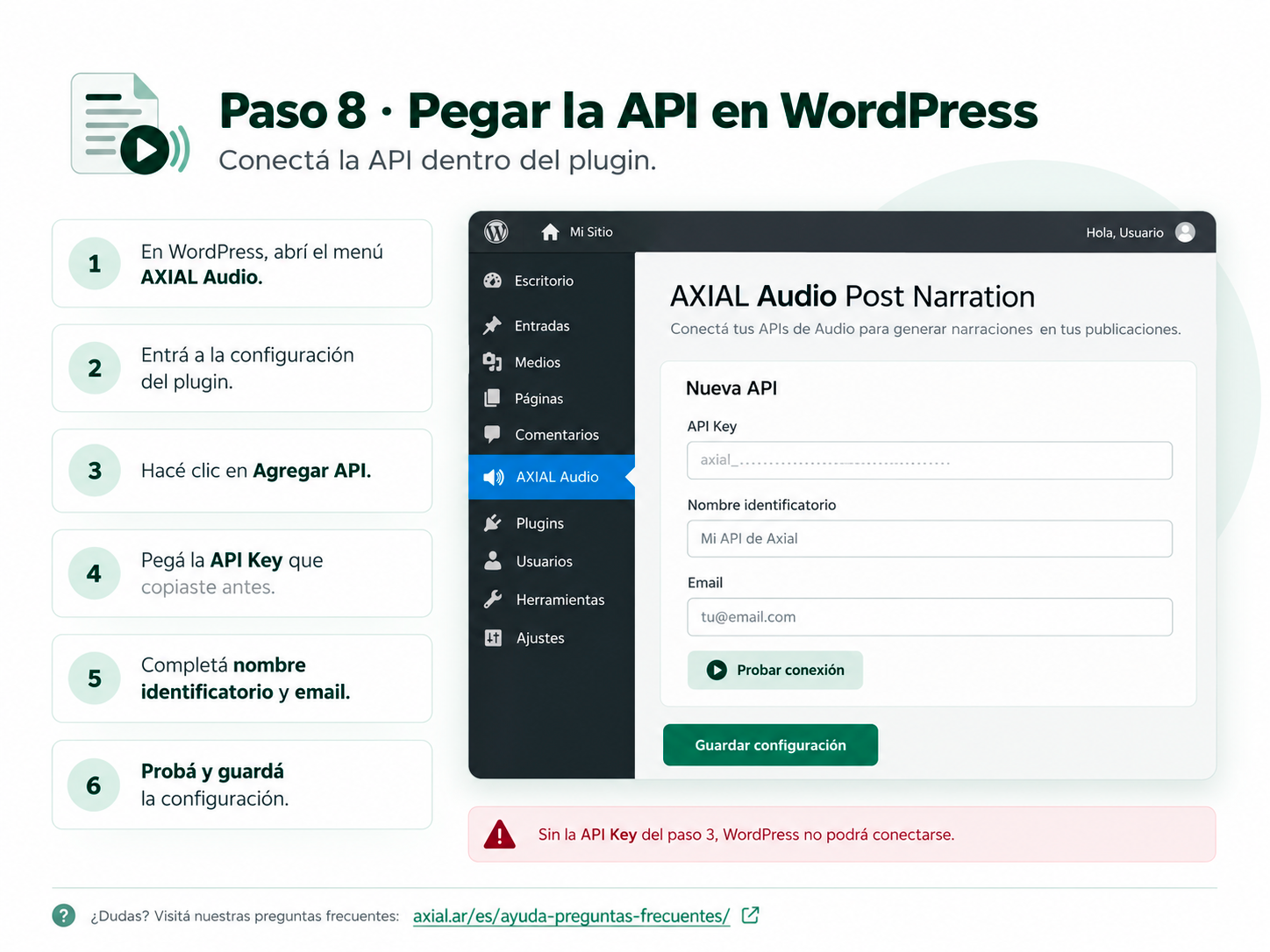 Connect your AXIAL API to the WordPress plugin.