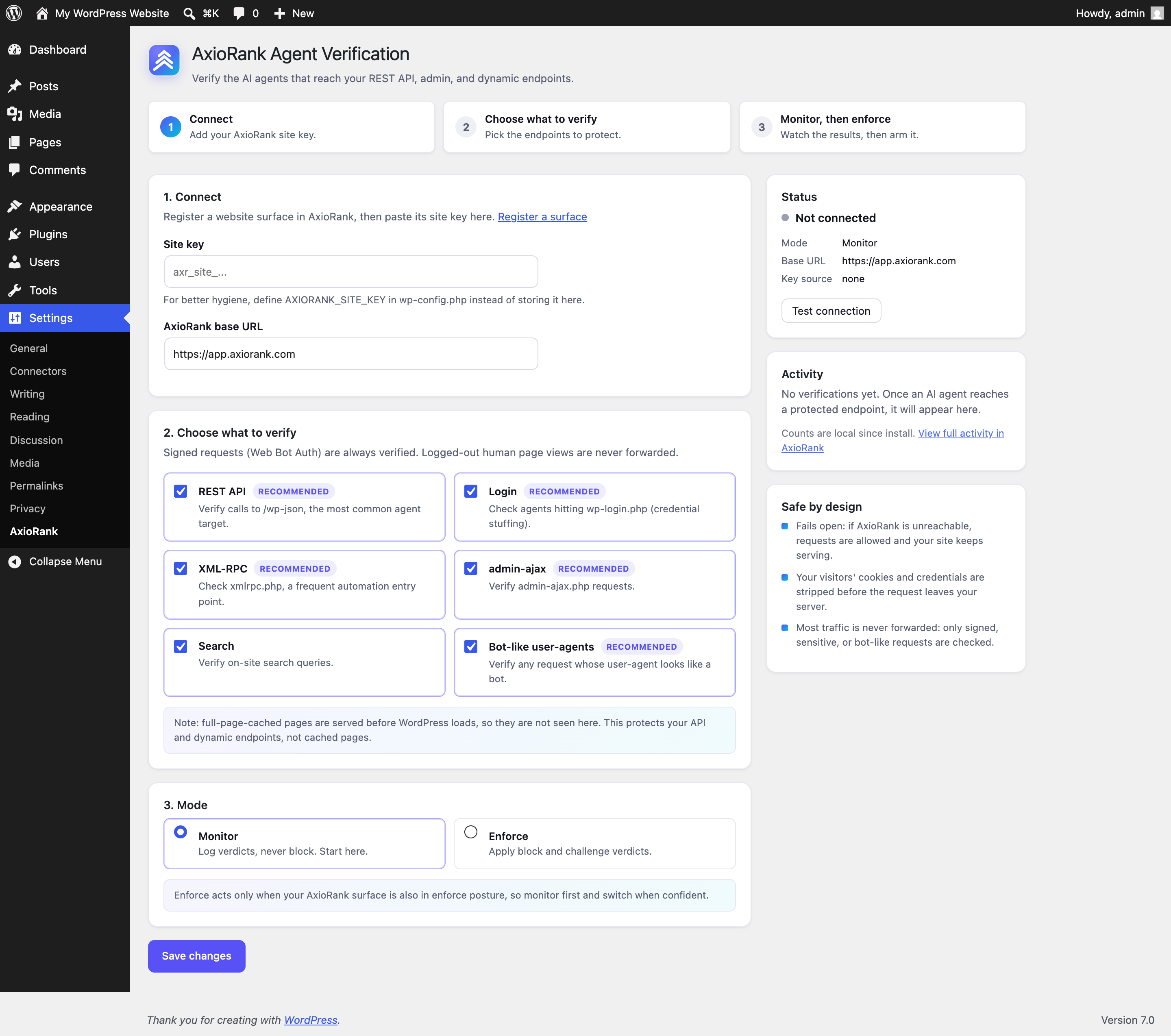 The settings screen: the onboarding stepper, connection status, scope controls, and the monitor or enforce switch.