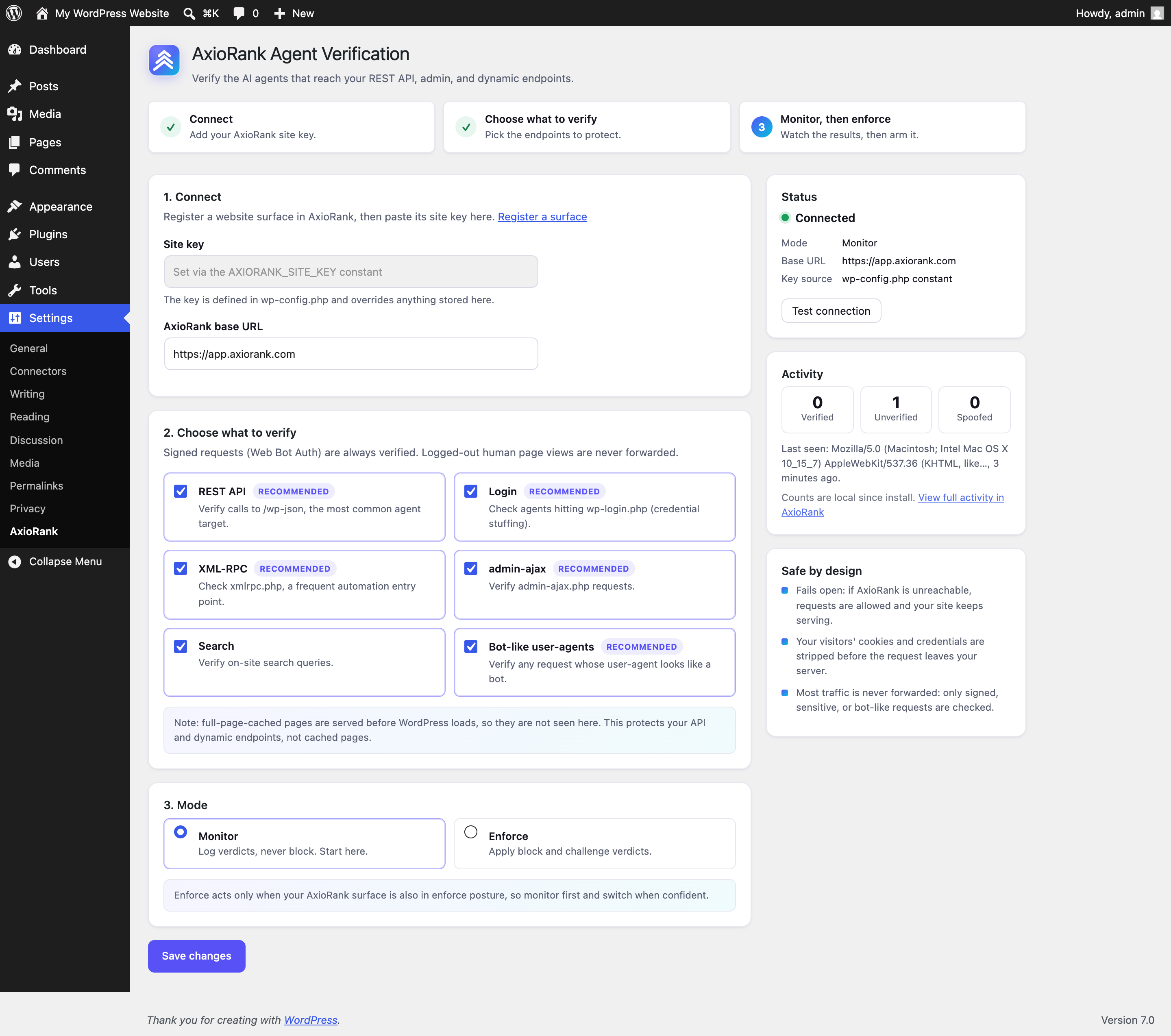 Connected, with the local activity panel showing verified, unverified, and spoofed counts.