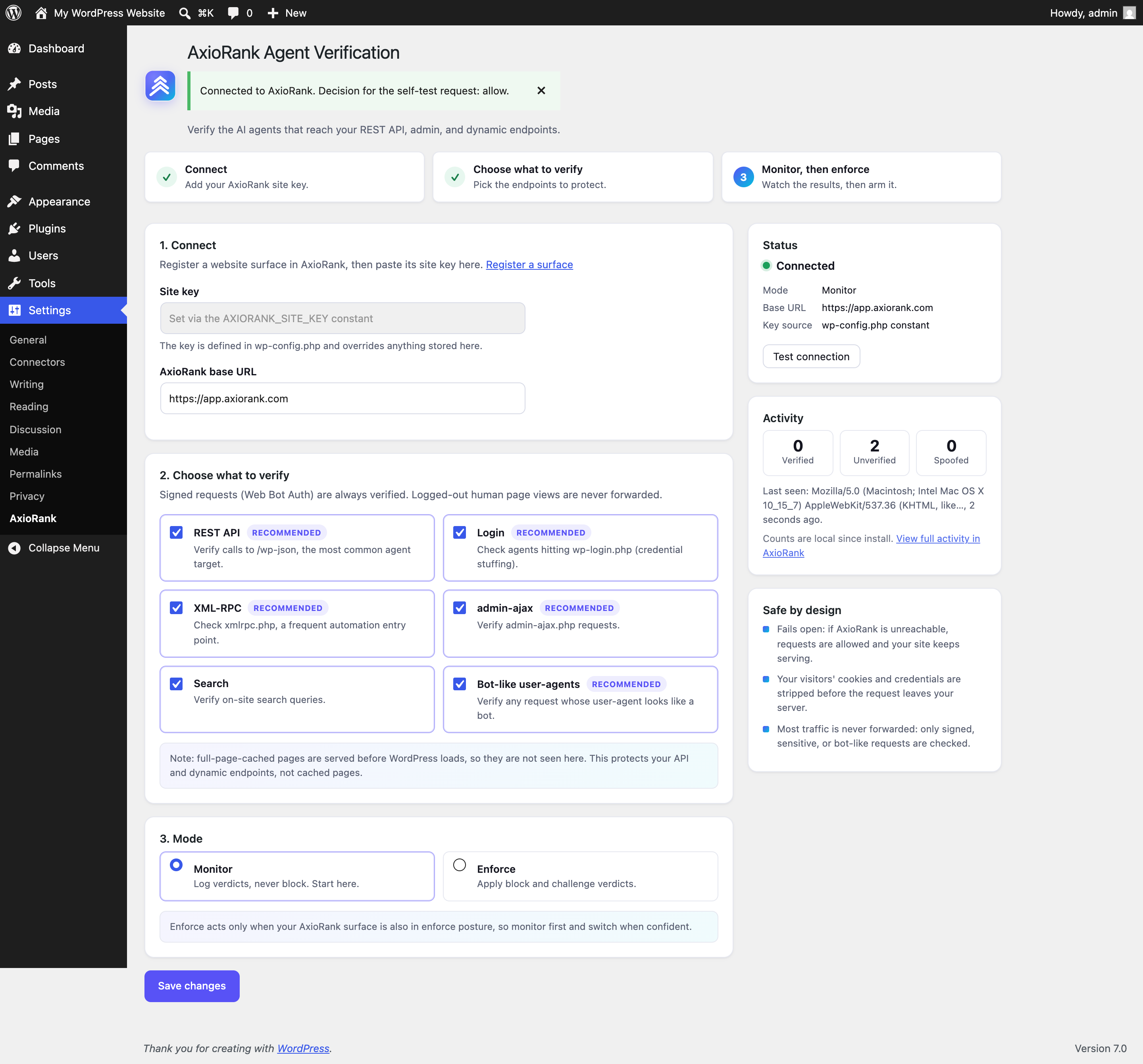 A successful connection test against AxioRank.