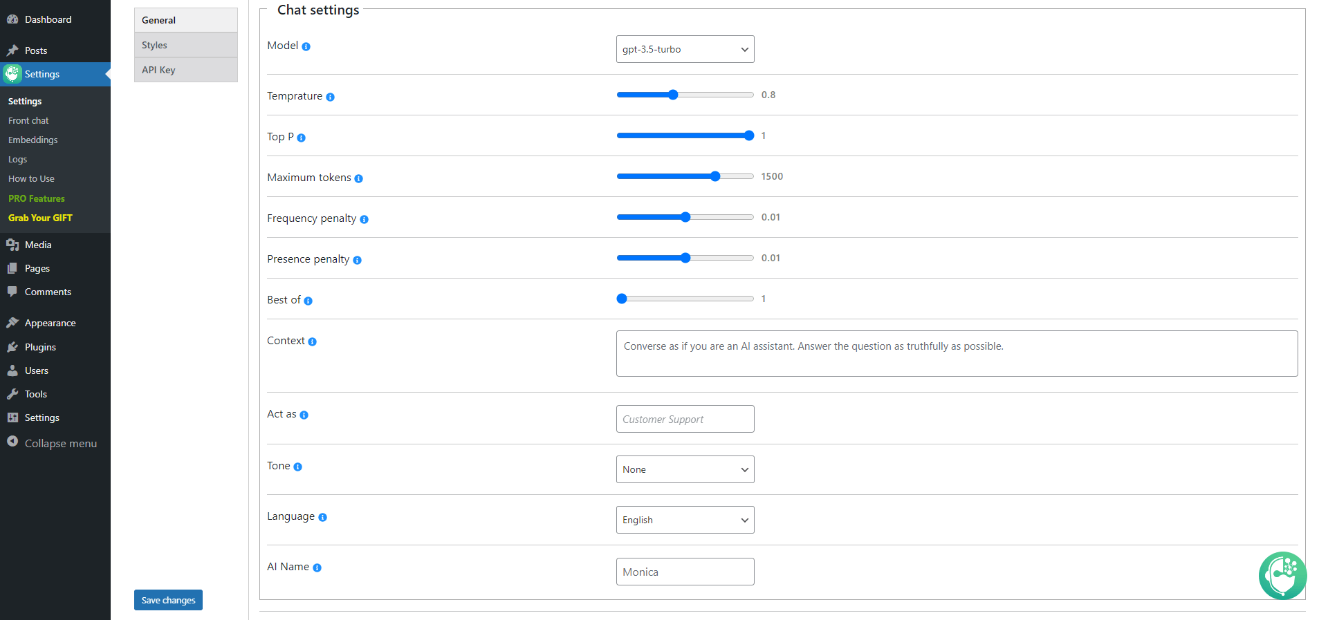 WordPress ChatGPT plugin - Settings