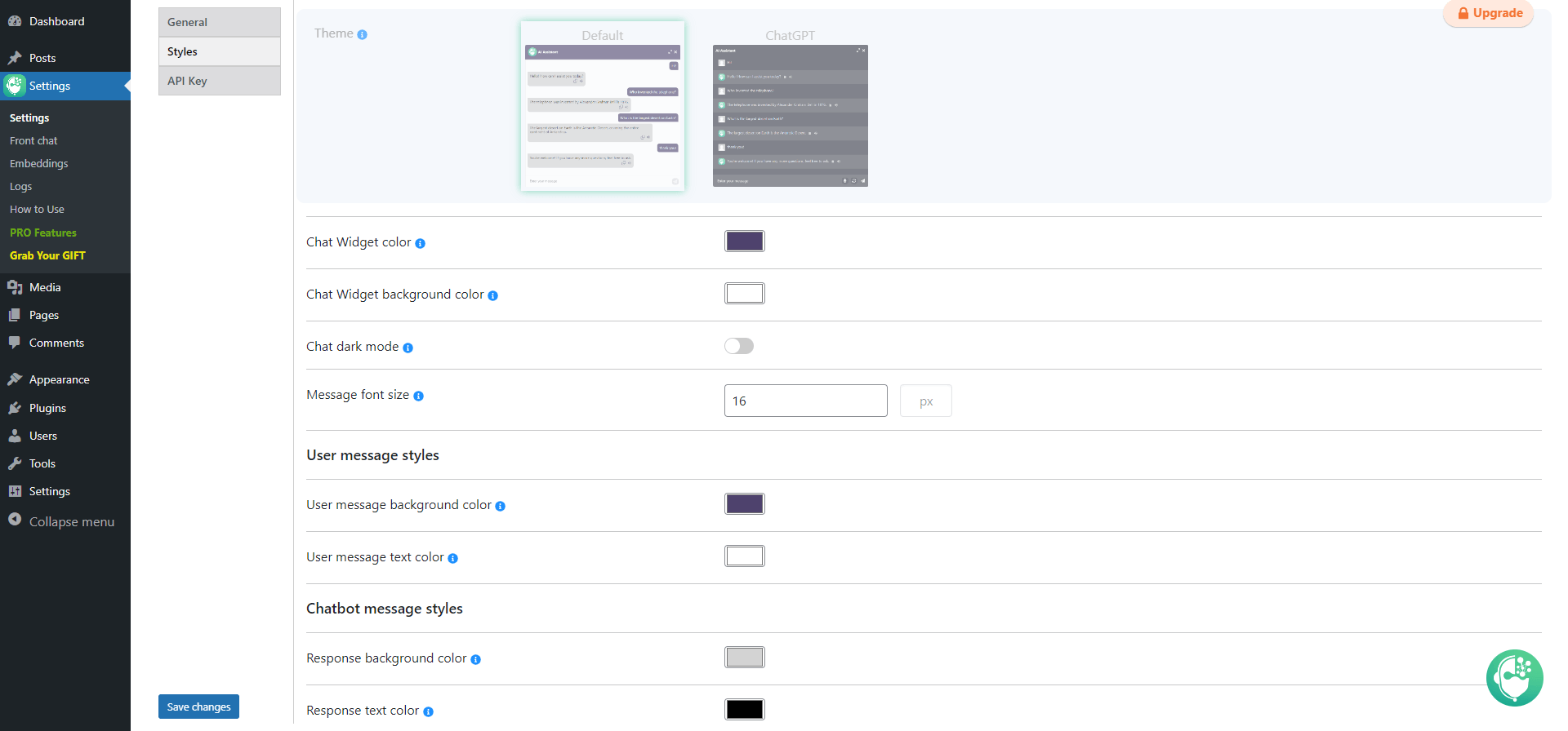 WordPress ChatGPT plugin - Settings