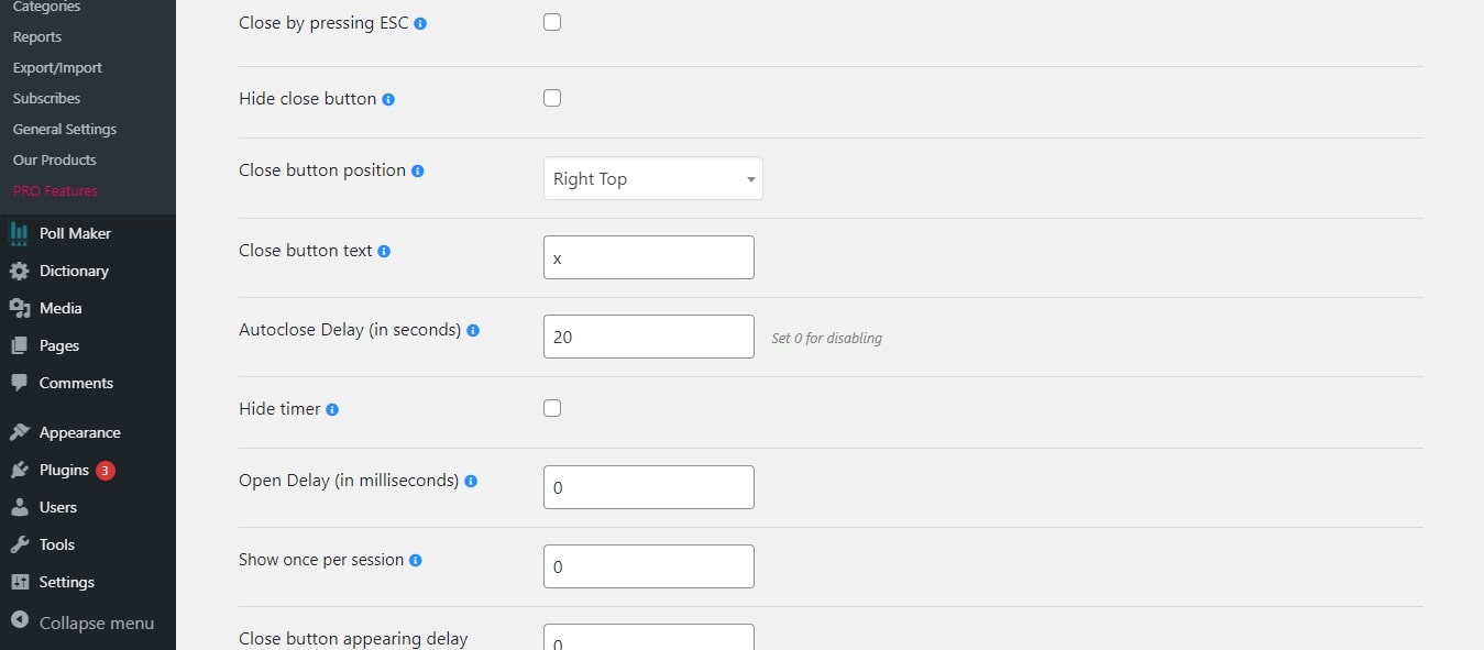 Popup Maker - dashboard settings