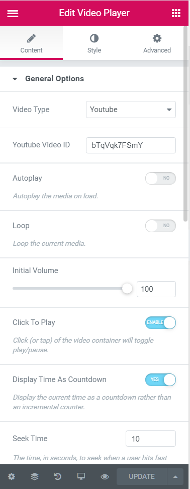 Elementor Video Player Addon Options - Video player widget settings