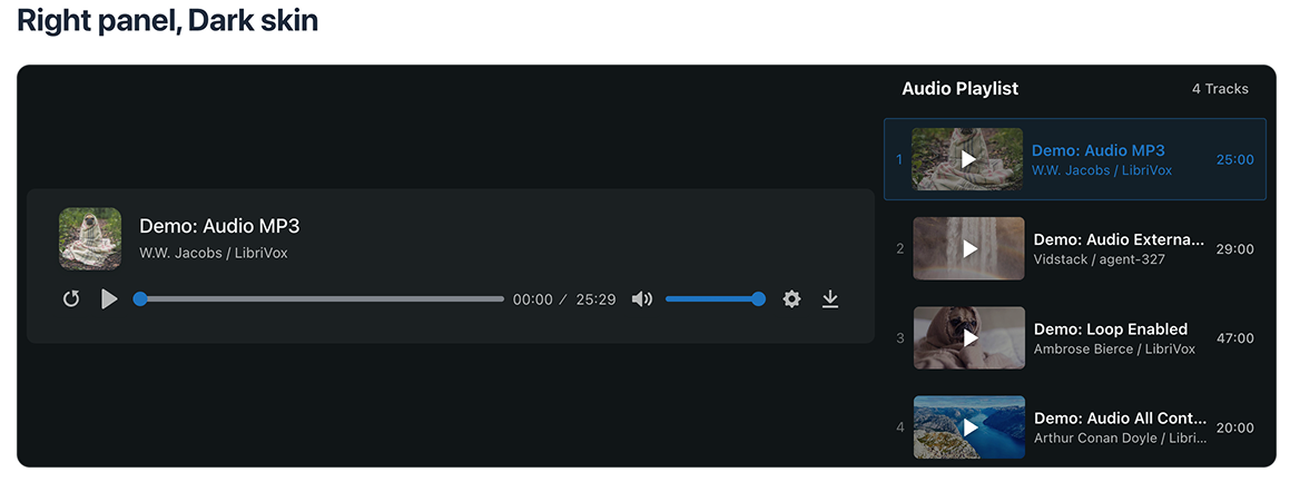 Audio playlist, right panel with dark skin