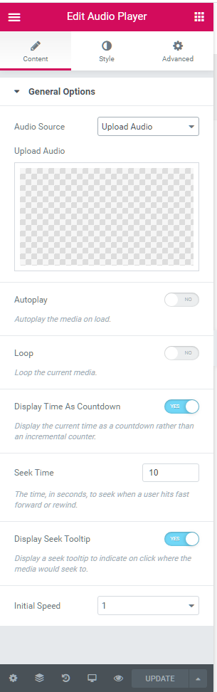 Elementor Audio Player Addon Options - Audio player widget settings