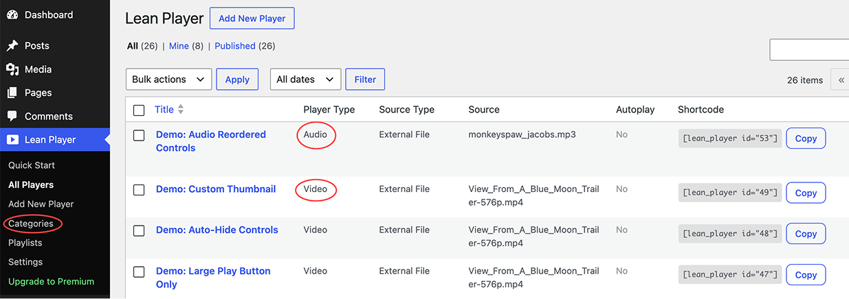All Players list with player type, source, and shortcode