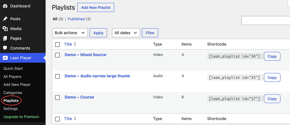 All Playlists list