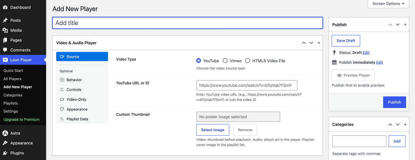 Add a new player, choose YouTube, Vimeo, or HTML5