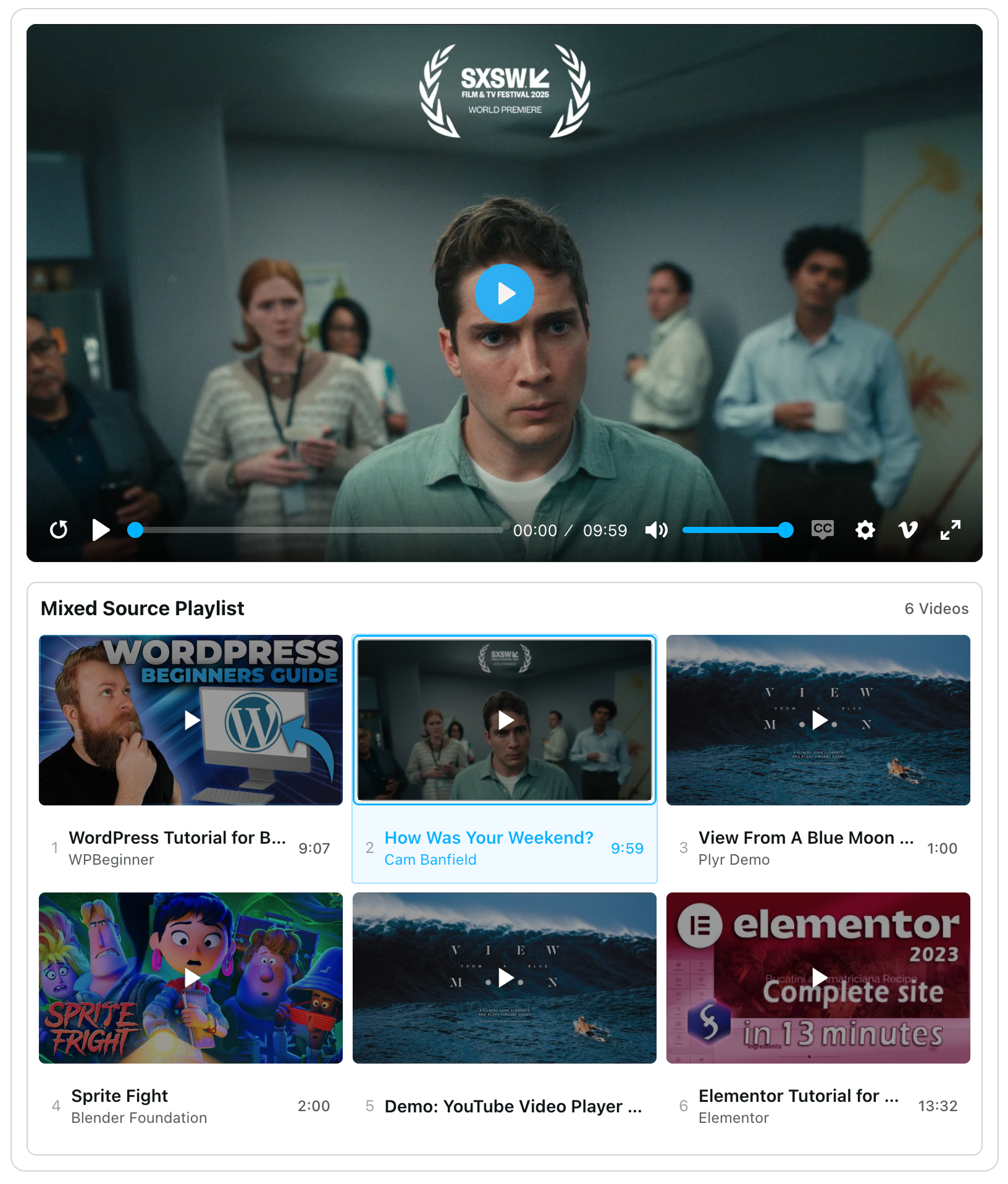 Video playlist with bottom thumbnail grid